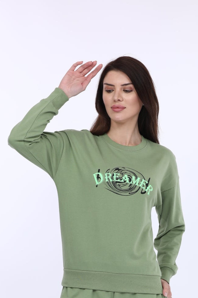 Women Cotton Spandex Green Printed Full Sleeve Sweat Shirt T-shirt