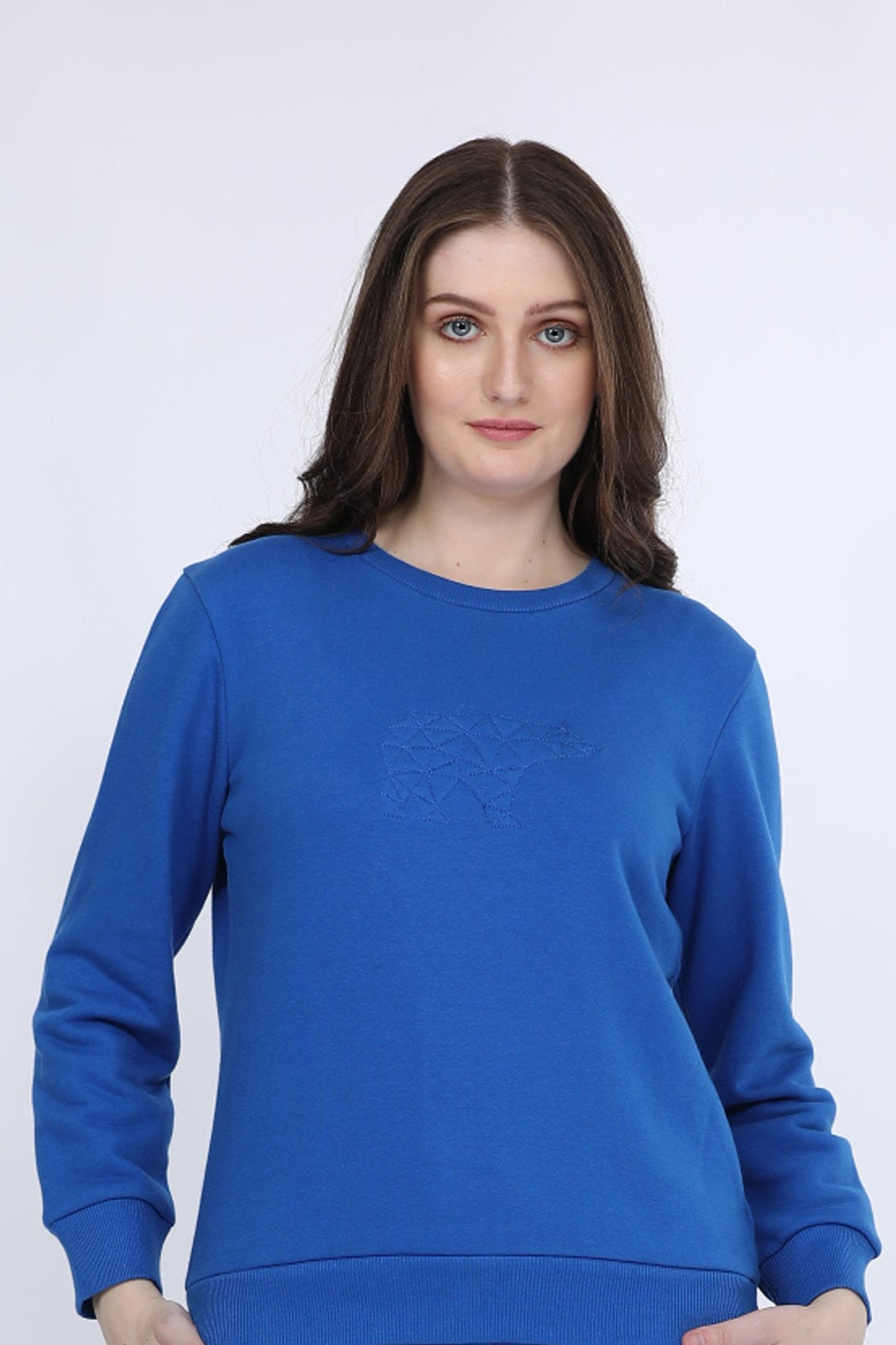 Women Fleece Blue Solid Full Sleeve Sweat Shirt T-shirt
