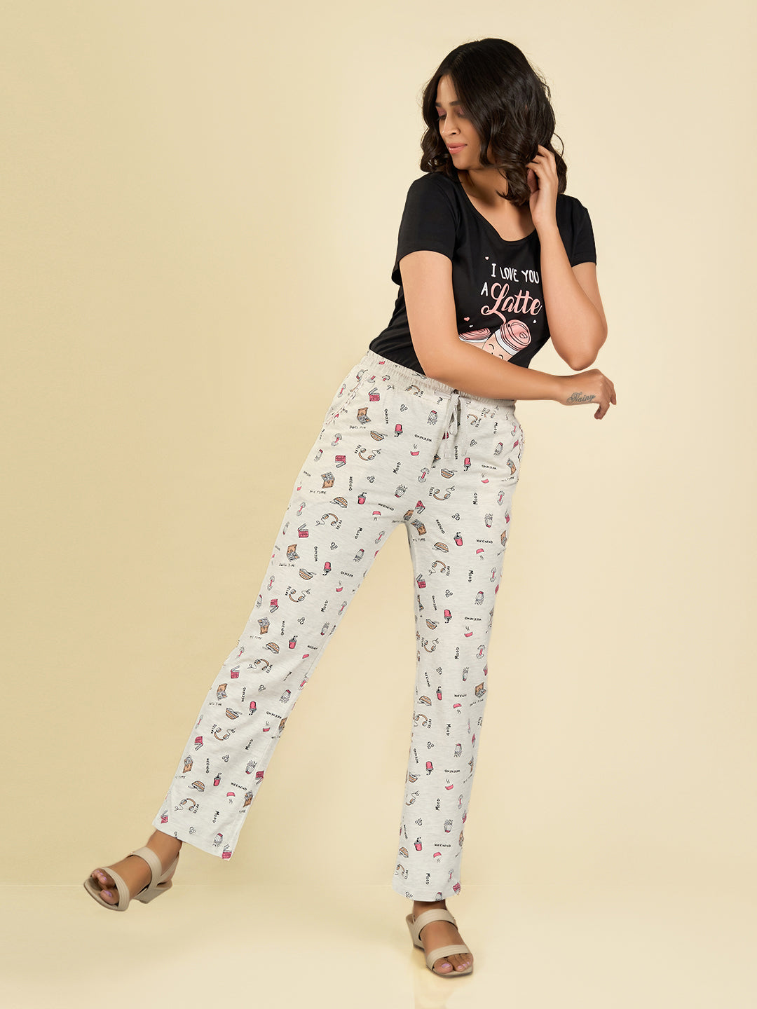 Off-White Cotton Printed Pyjama