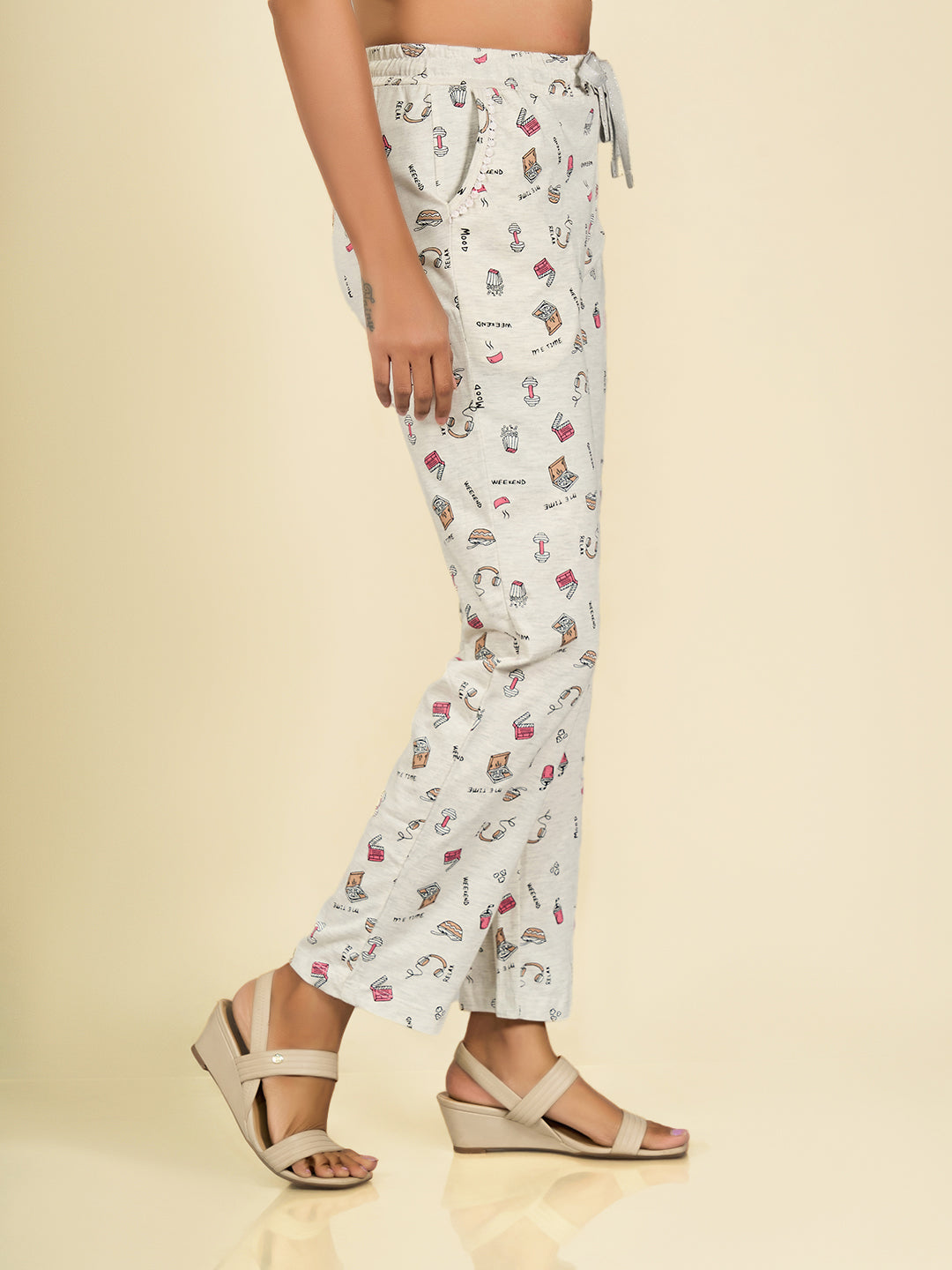 Off-White Cotton Printed Pyjama