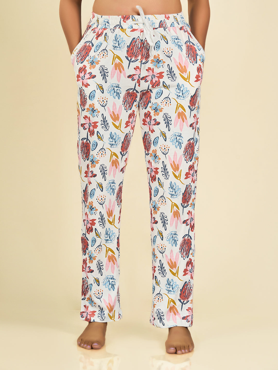 White Printed Cotton Pyjama for Women