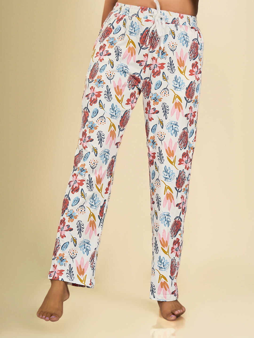 White Printed Cotton Pyjama for Women