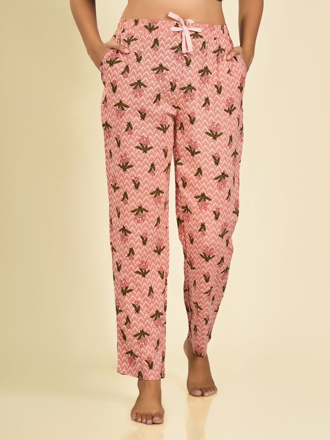 Peach Floral Printed Pyjama for Women