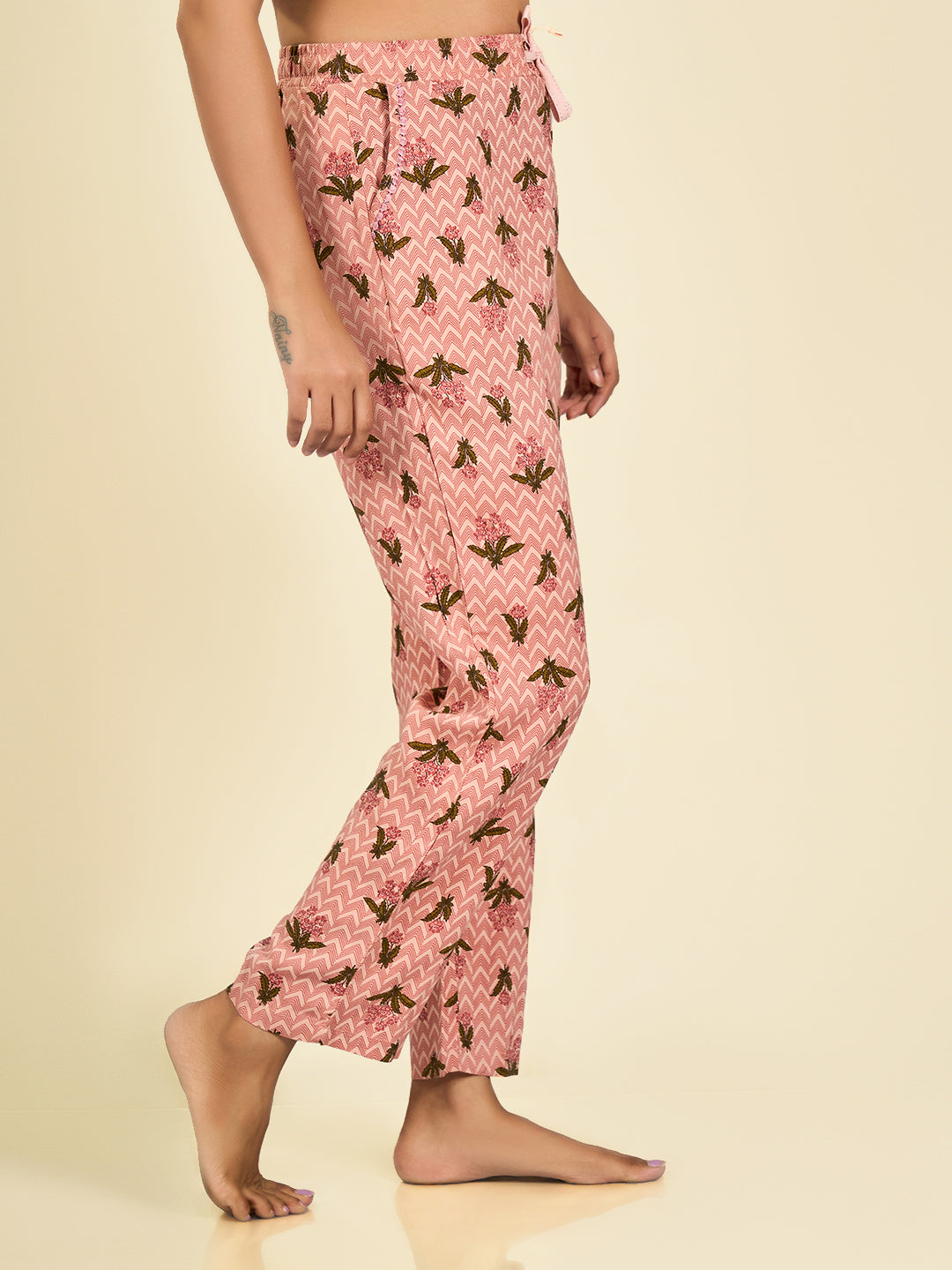 Peach Floral Printed Pyjama for Women
