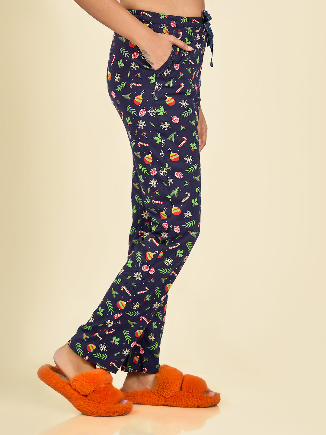 Navy Blue Cotton Printed Pyjama for Women
