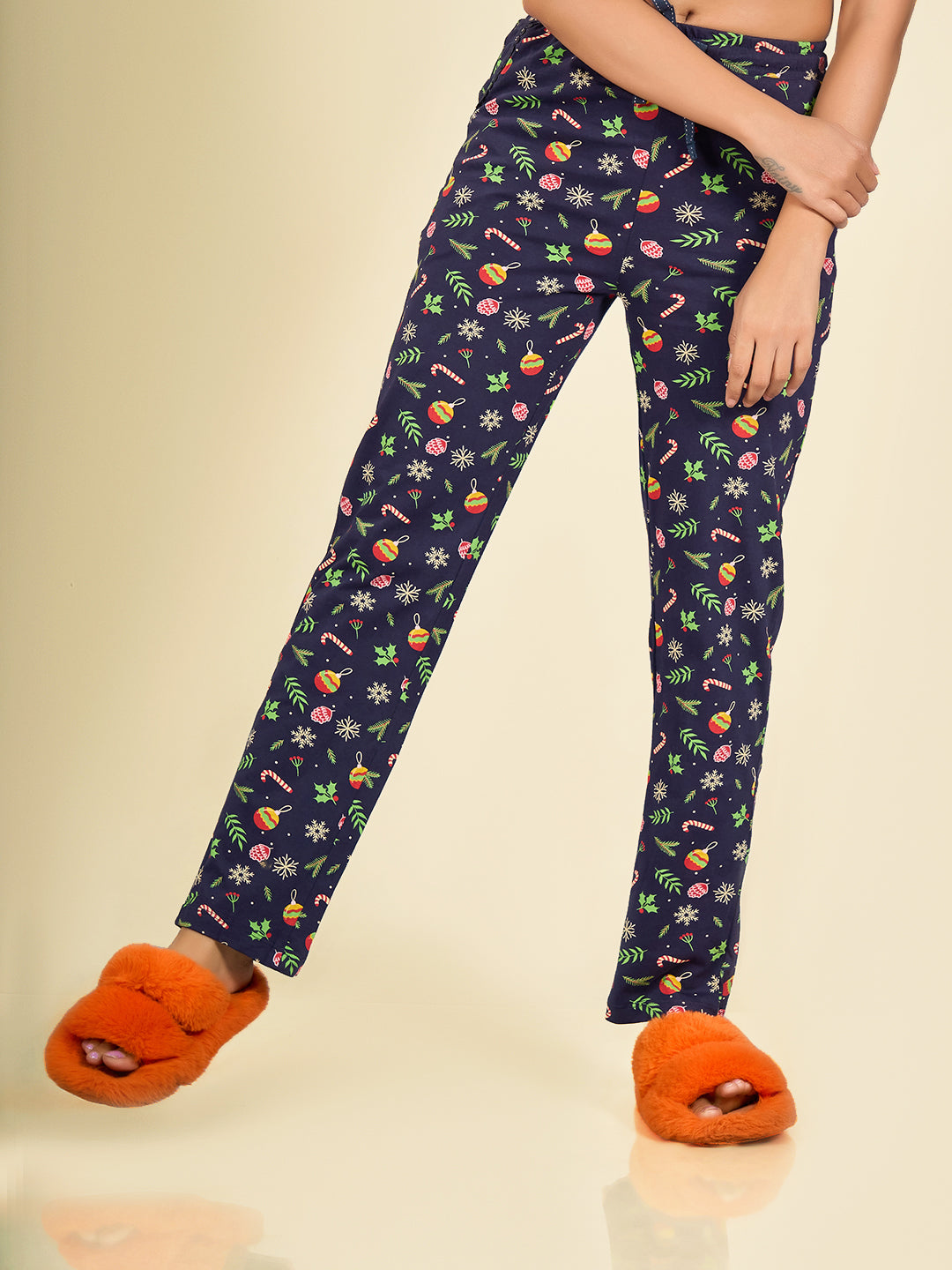 Navy Blue Cotton Printed Pyjama for Women