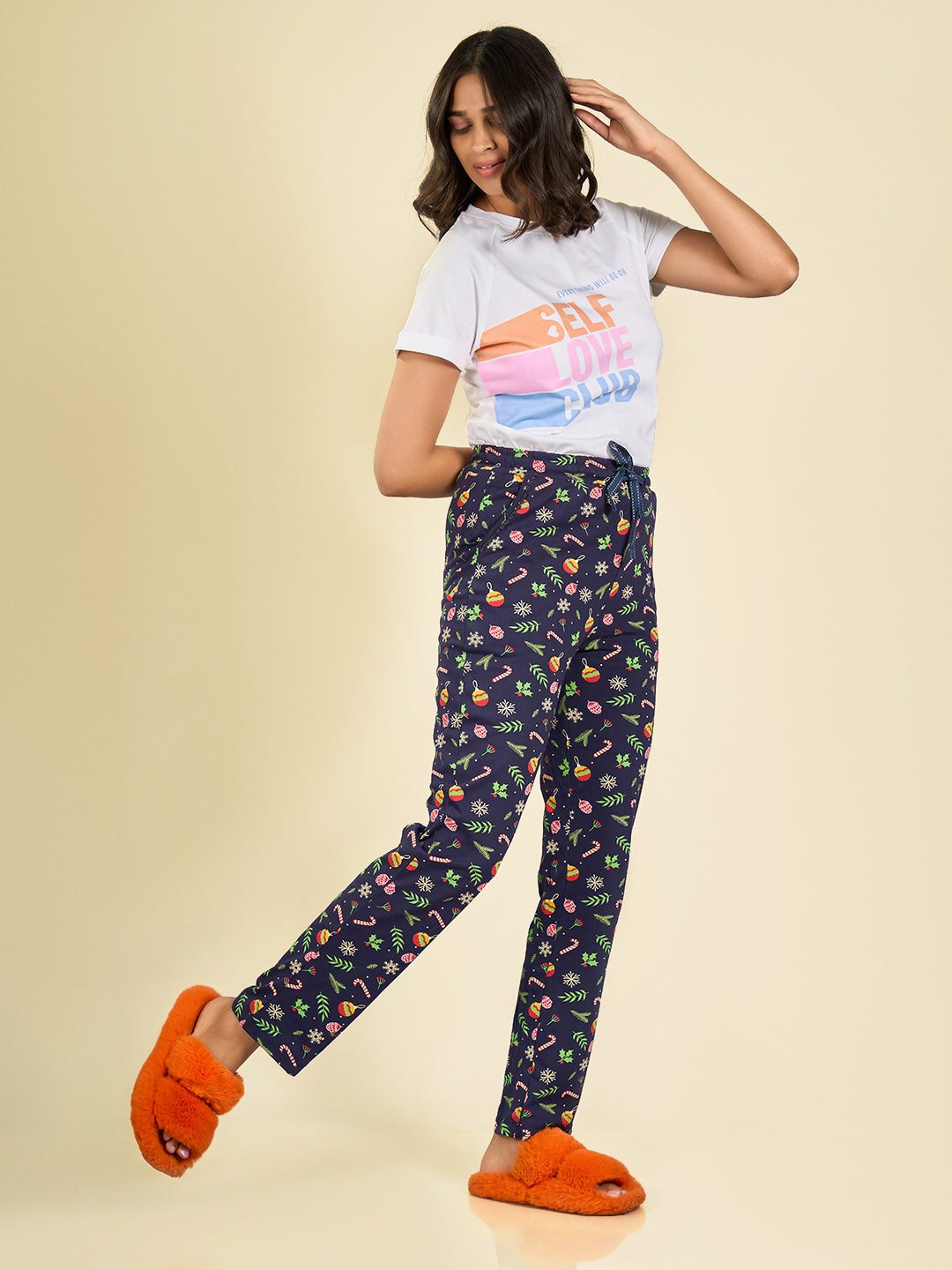 Navy Blue Cotton Printed Pyjama for Women