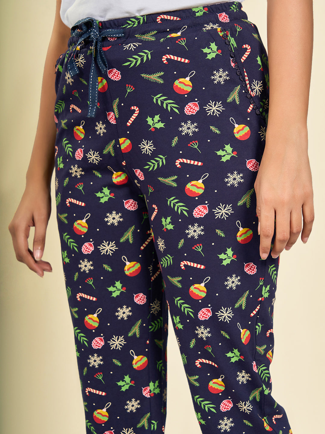 Navy Blue Cotton Printed Pyjama for Women