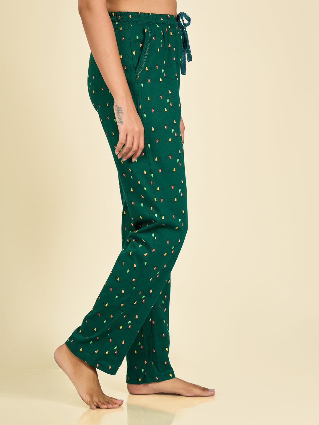 Green Printed Cotton Pyjama for Women