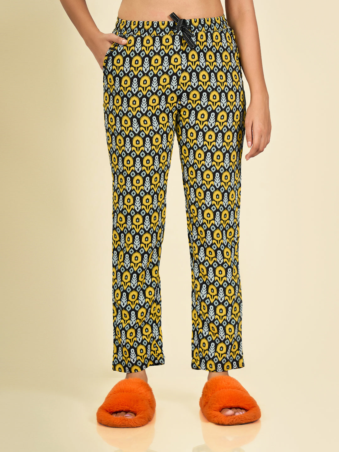 Black & Yellow Printed Rayon Pyjama for Women
