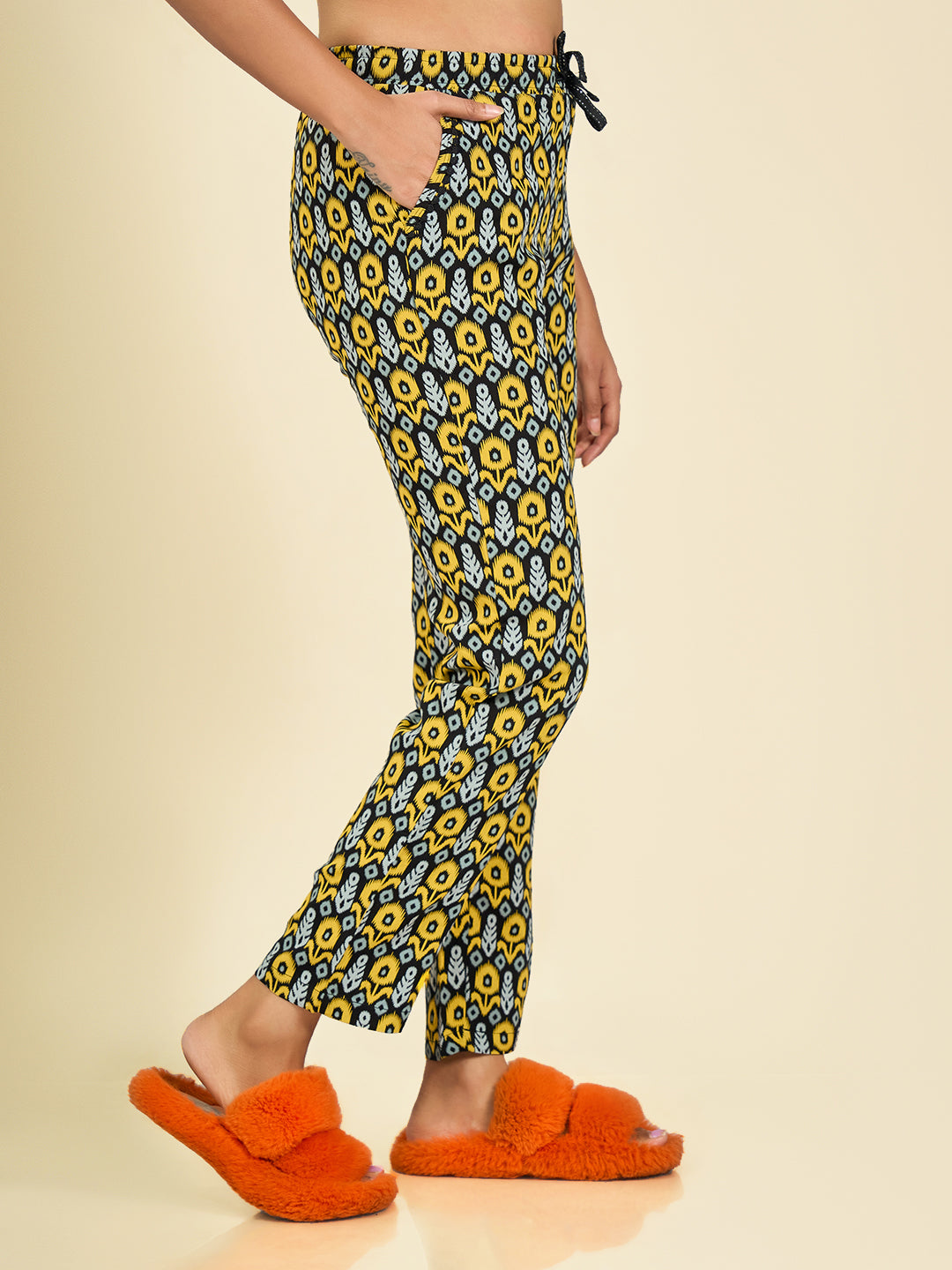 Black & Yellow Printed Rayon Pyjama for Women