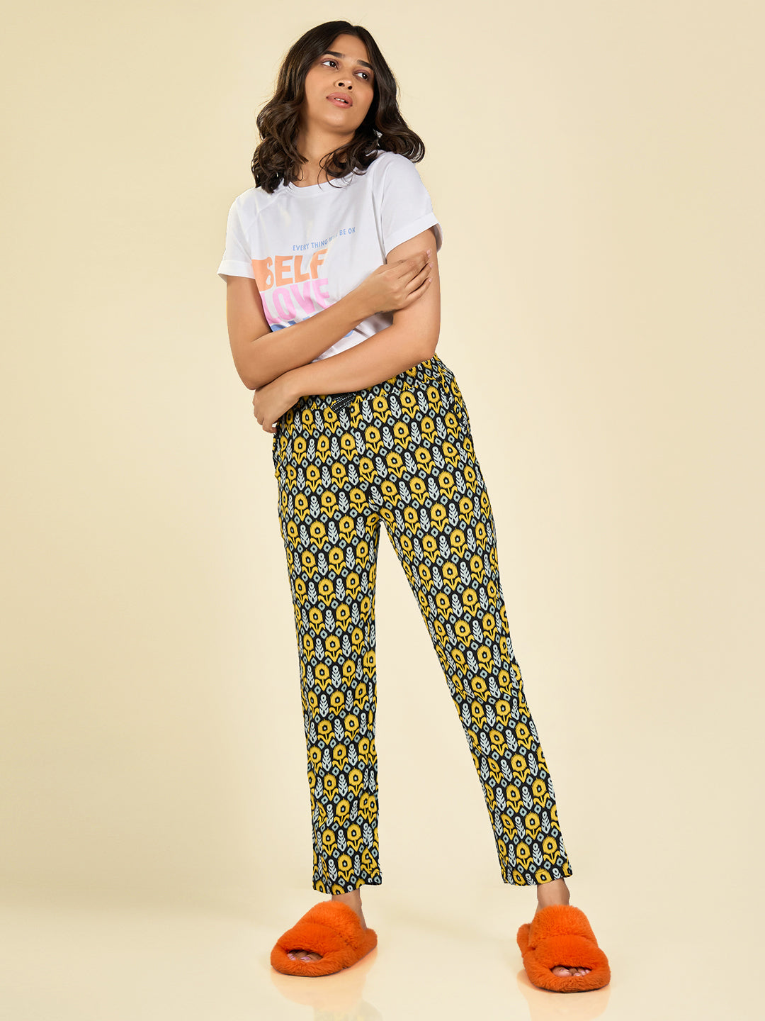 Black & Yellow Printed Rayon Pyjama for Women