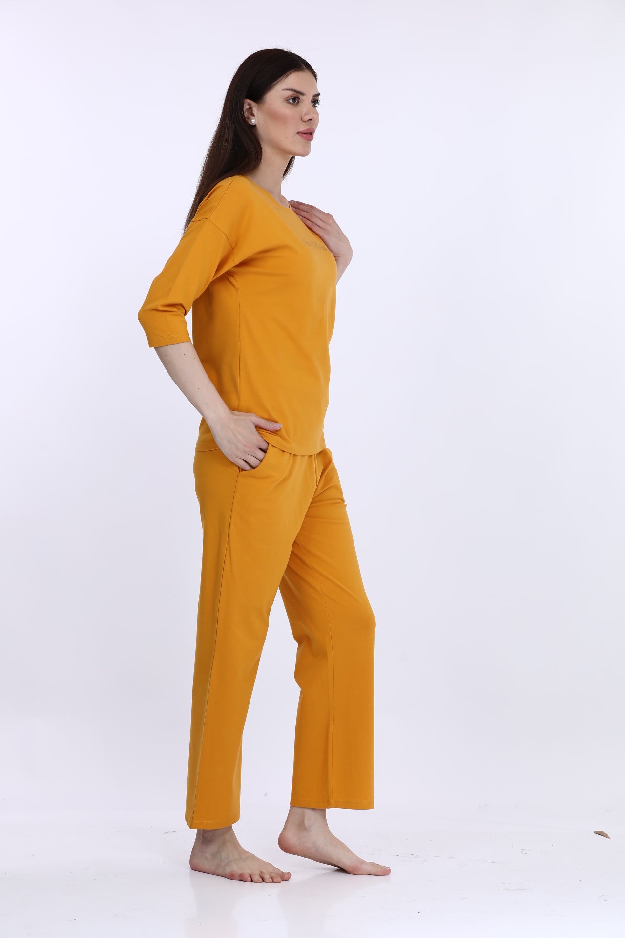 Yellow 3/4 Sleeve Cotton Co-Ord Set