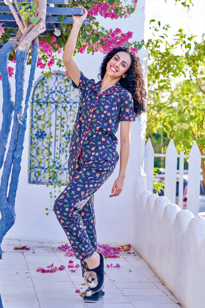 Pageant Navy Blue Printed Cotton Nightwear Set