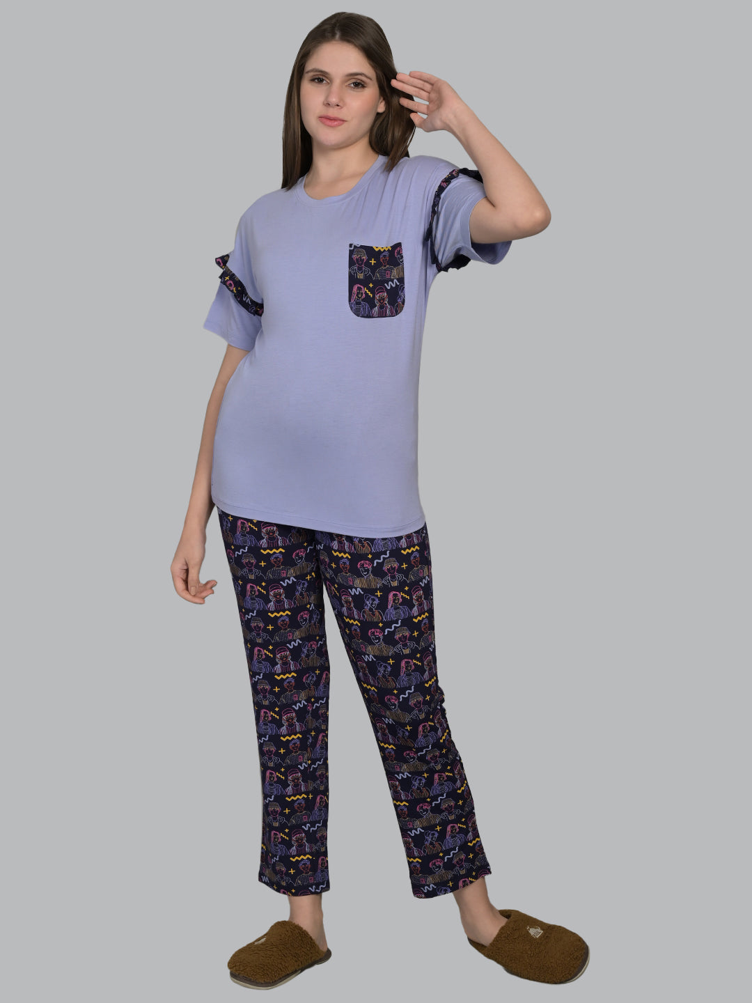 Round Neck Purple Half Sleeve Tshirt & Pyjama Set