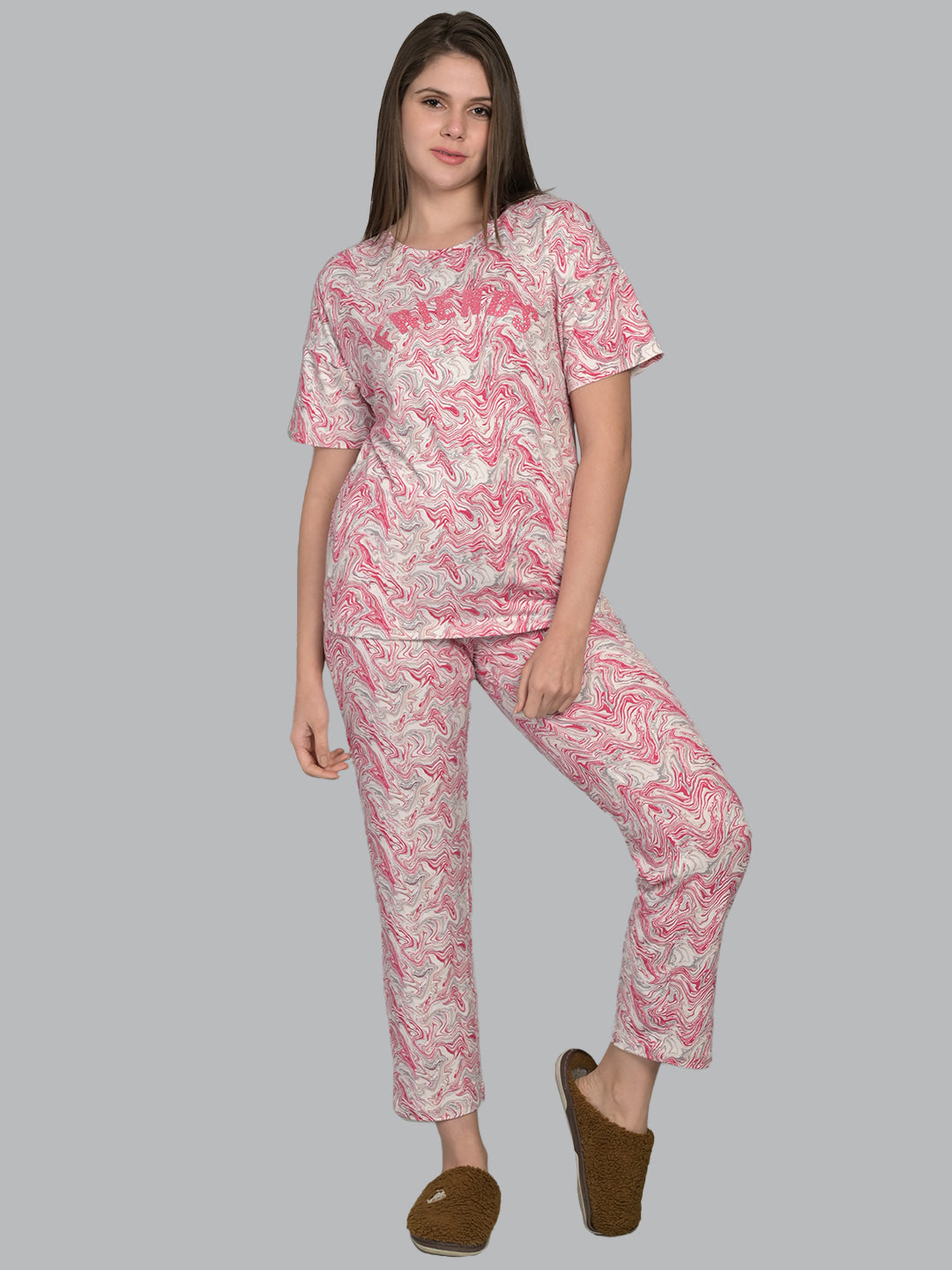 Round Neck Pink Half Sleeve Tshirt & Pyjama Set