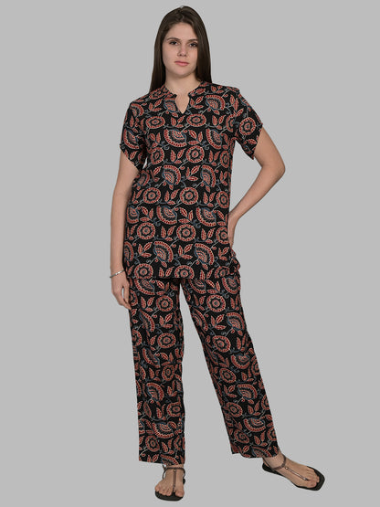 V Neck Black Half Sleeve Printed Co-Ord Set