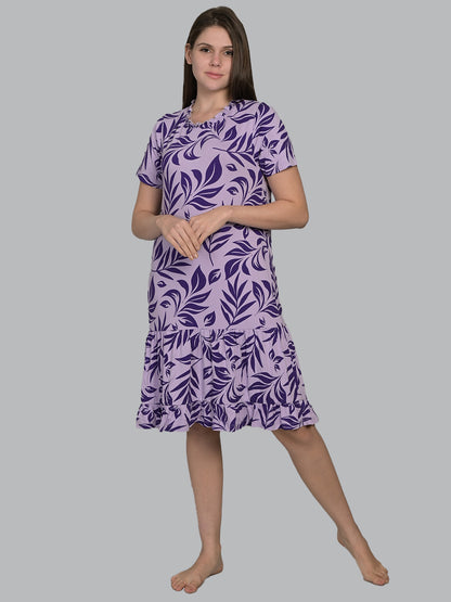 Round Neck Purple Half Sleeve Short Night Dress