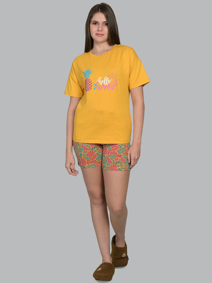 Round Neck Yellow Half Sleeve Tshirt & Shorts Set