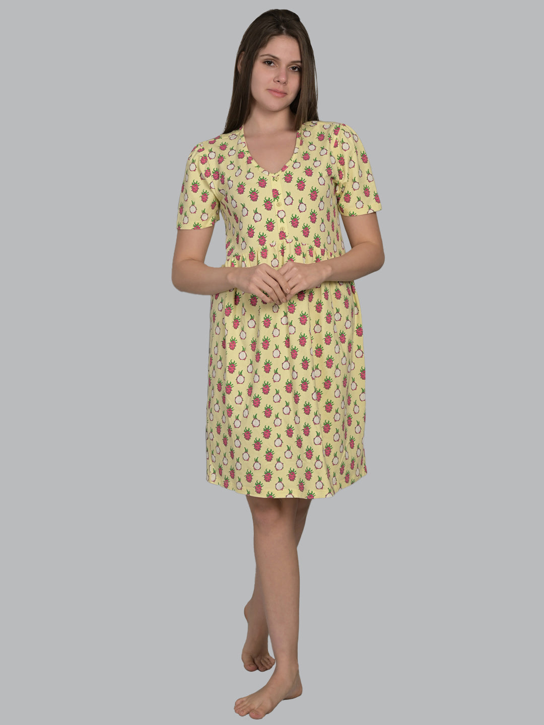 Round Neck Yellow Half Sleeve Short Night Dress