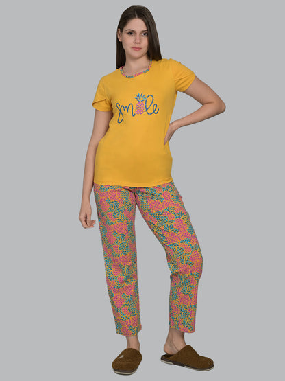 Round Neck Yellow Half Sleeve Tshirt & Pyjama Set