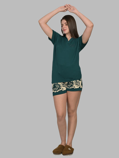 V Neck Green Half Sleeve Tshirt & Shorts Set