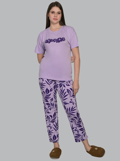 Round Neck Purple Half Sleeve Tshirt & Pyjama Set