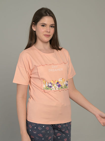 Round Neck Pink Half Sleeve T-Shirt