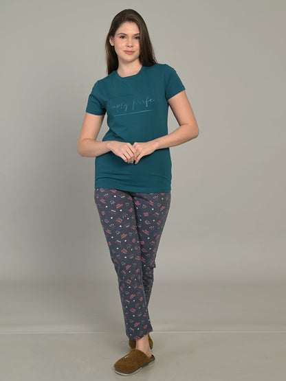 Printed Round Neck Blue Half Sleeve T-Shirt