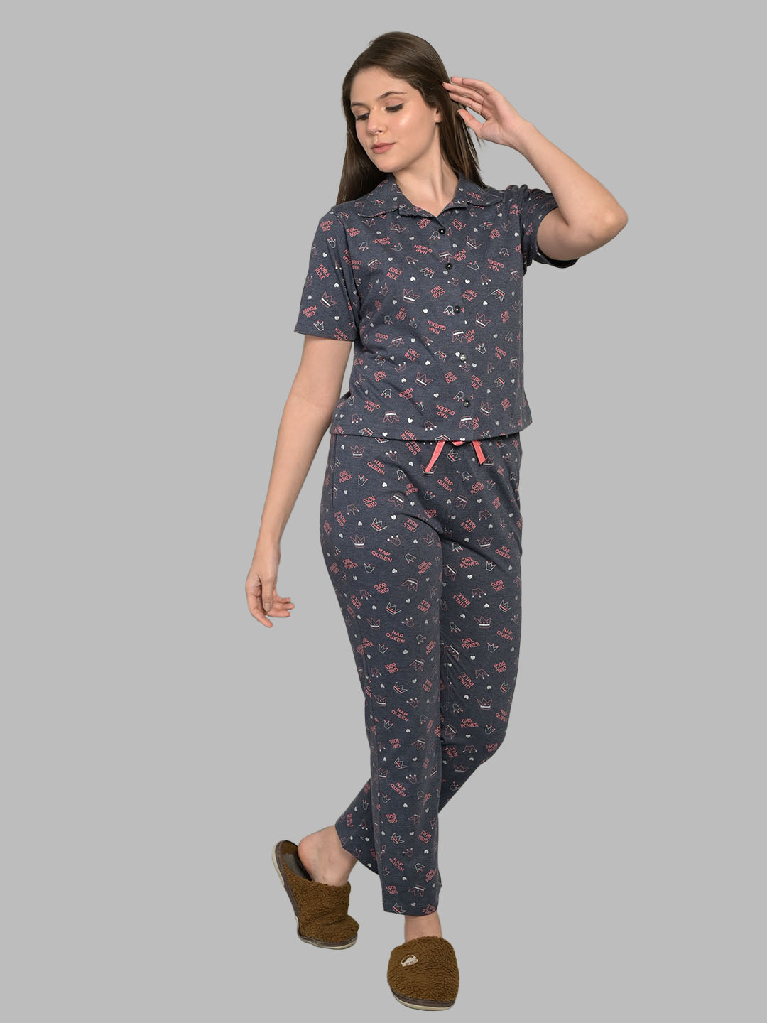 Navy Blue Half Sleeve Top & Pyjama Set