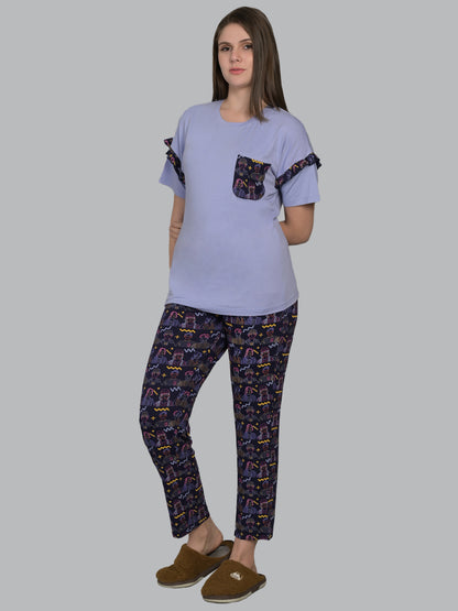 Round Neck Purple Half Sleeve Tshirt & Pyjama Set