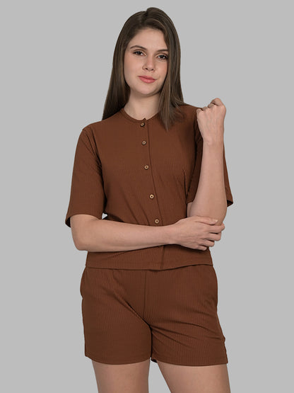 Round Neck Brown Half Sleeve Tshirt & Shorts Set