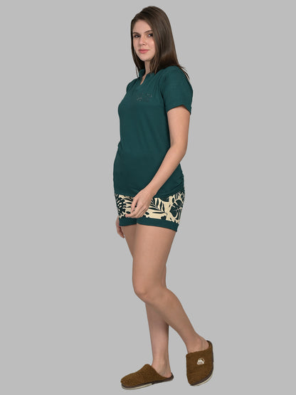 V Neck Green Half Sleeve Tshirt & Shorts Set