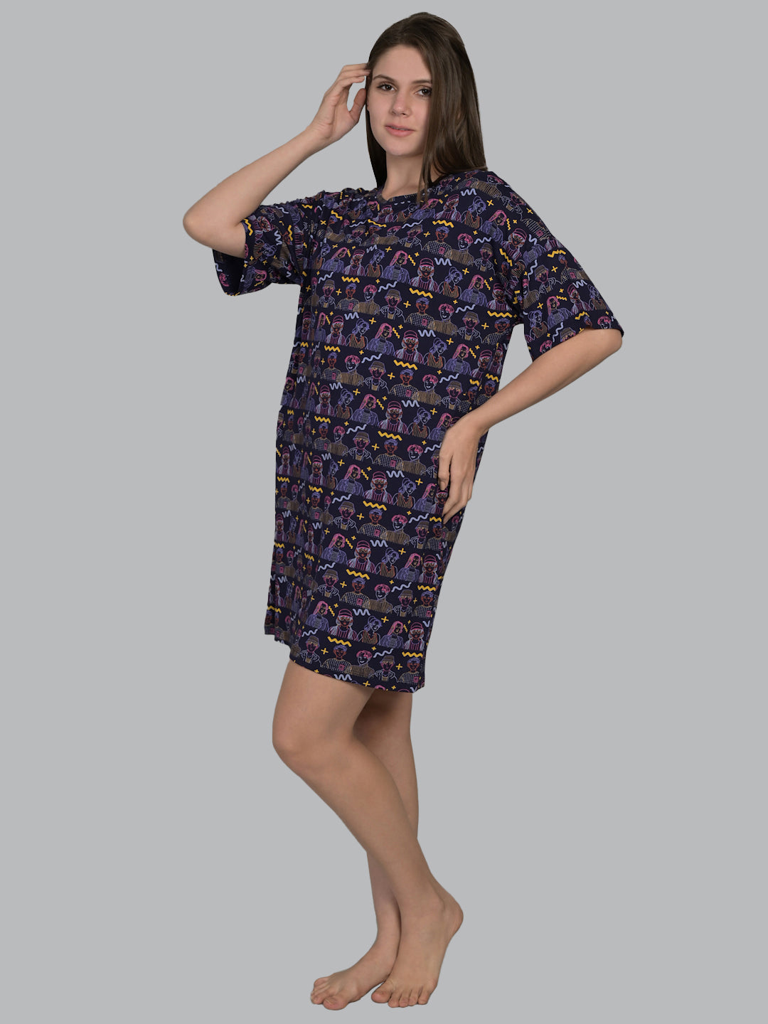 Round Neck Navy Blue Half Sleeve Short Night Dress