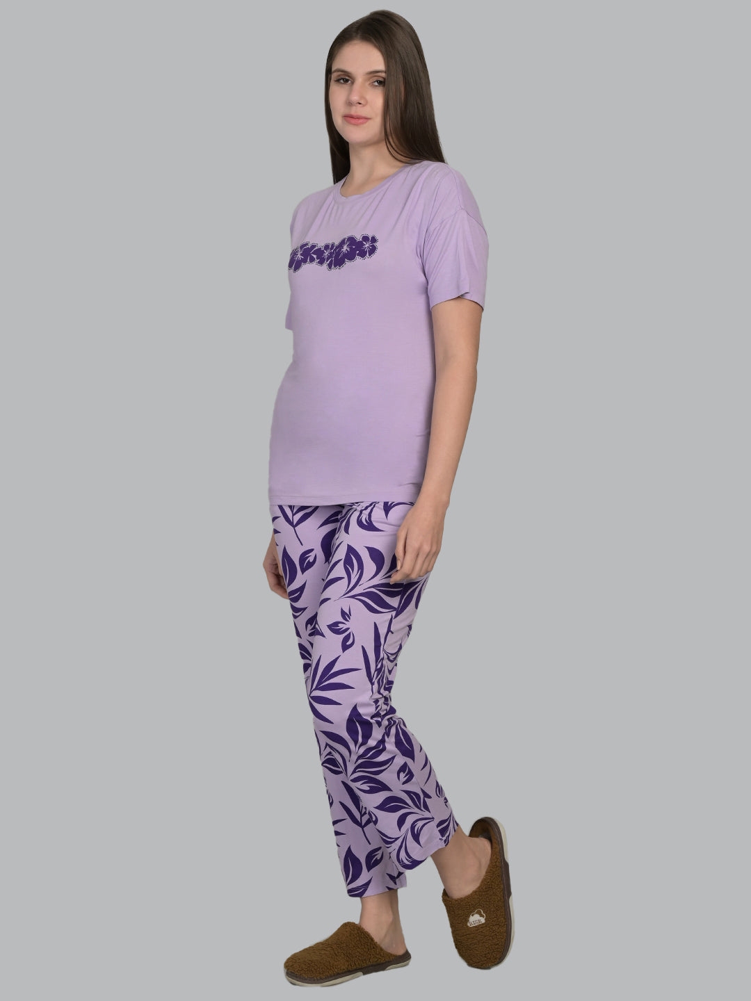 Round Neck Purple Half Sleeve Tshirt & Pyjama Set