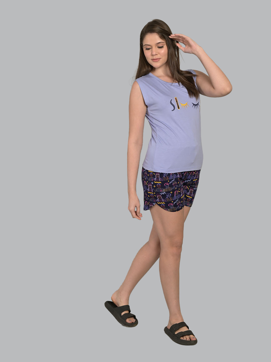 Round Neck Purple Sleeveless Tshirt & Shorts Set