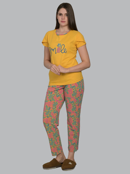 Round Neck Yellow Half Sleeve Tshirt & Pyjama Set