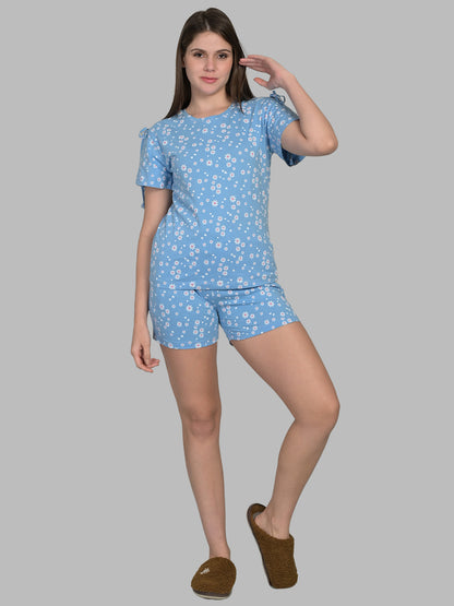 Round Neck Blue Half Sleeve Tshirt & Shorts Set