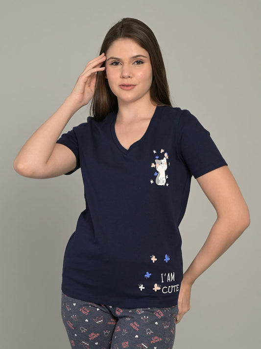 V Neck Navy Blue Half Sleeve T-Shirt