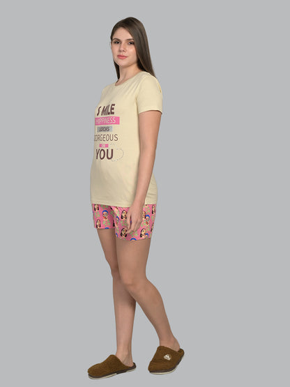 Round Neck Cream Half Sleeve Tshirt & Shorts Set