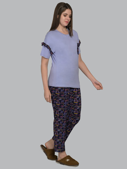 Round Neck Purple Half Sleeve Tshirt & Pyjama Set