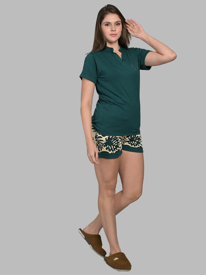 V Neck Green Half Sleeve Tshirt & Shorts Set