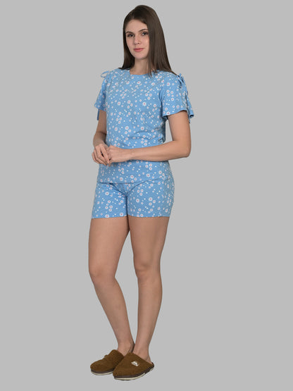 Round Neck Blue Half Sleeve Tshirt & Shorts Set