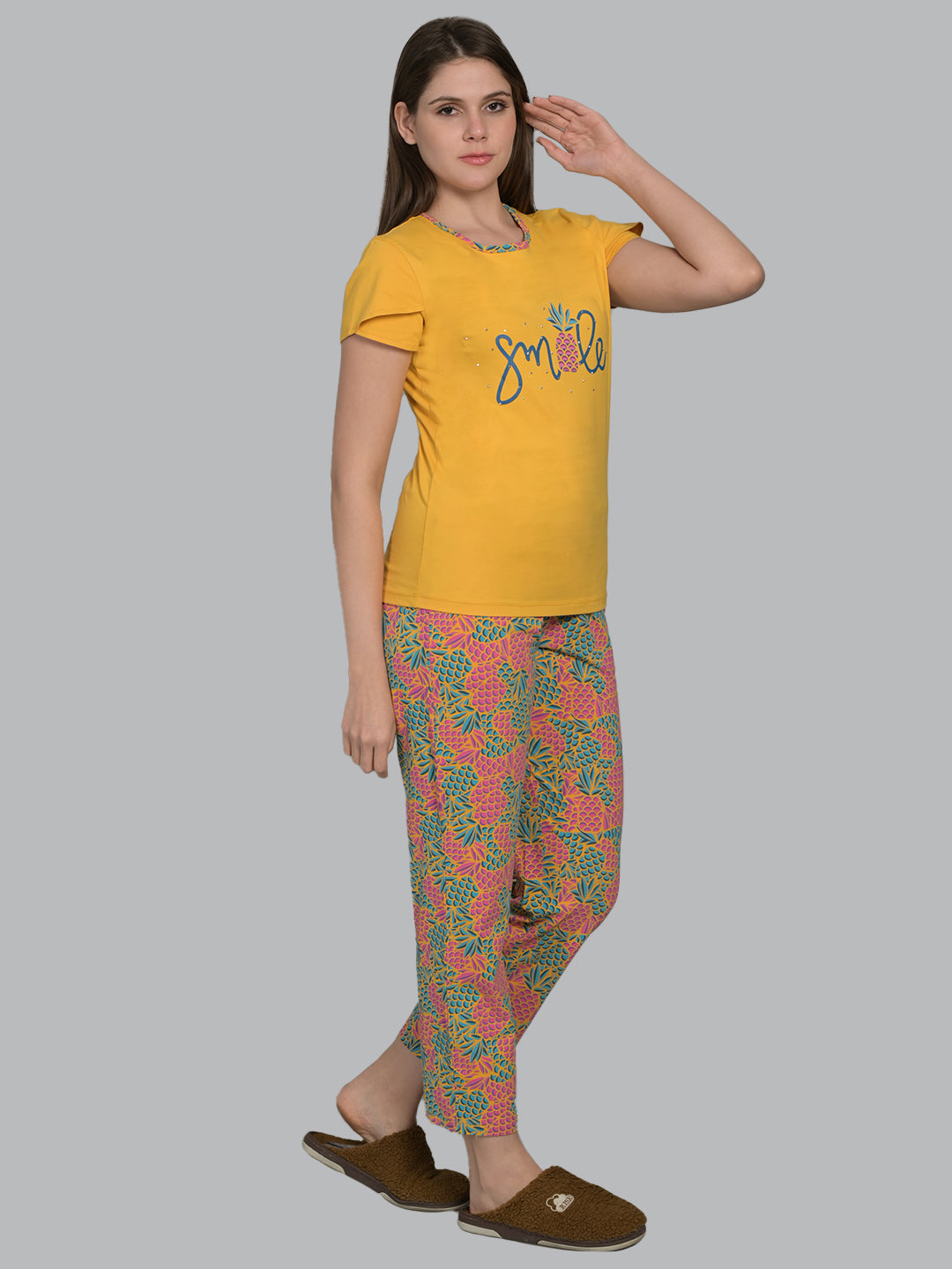 Round Neck Yellow Half Sleeve Tshirt & Pyjama Set