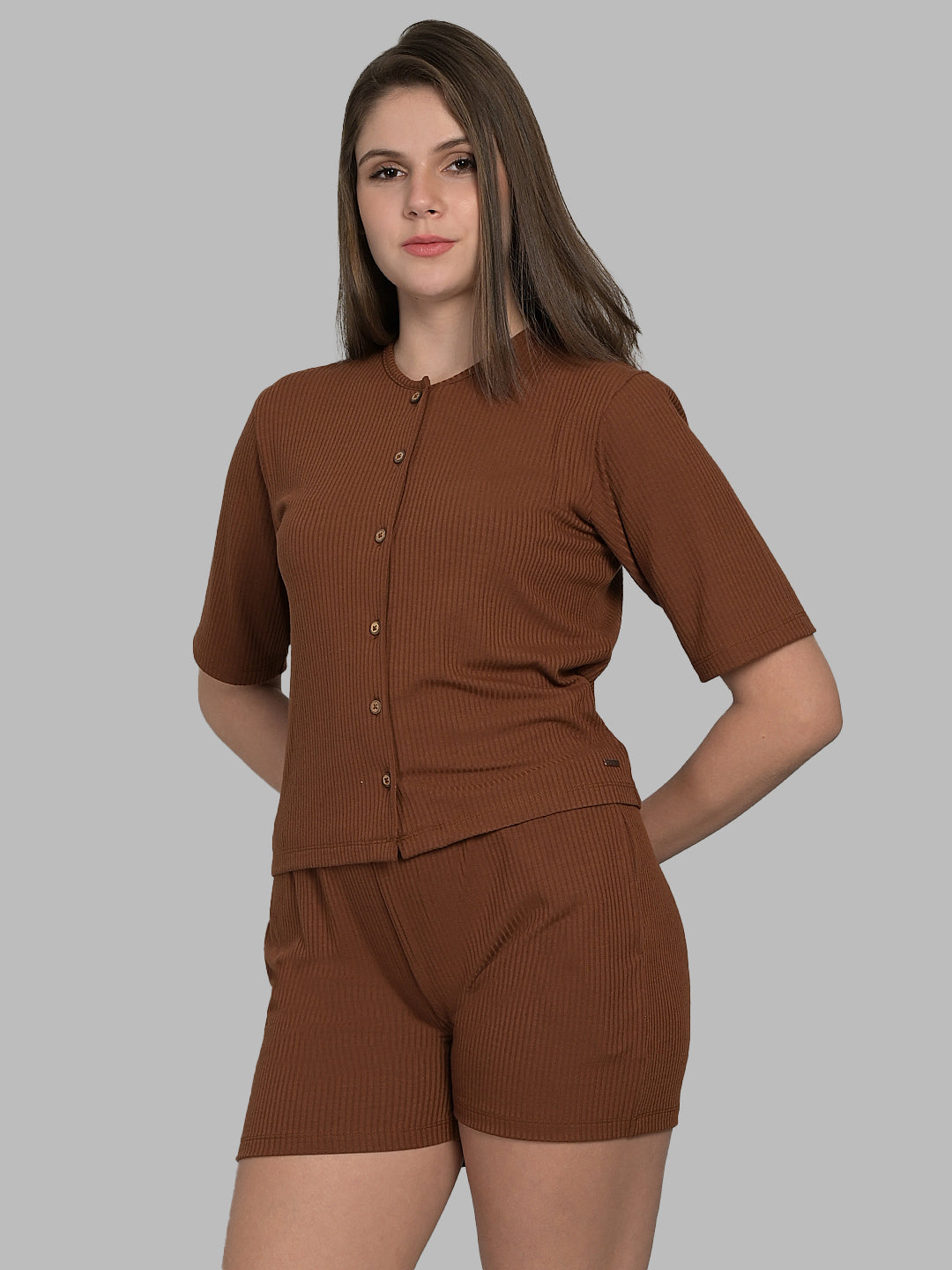 Round Neck Brown Half Sleeve Tshirt & Shorts Set