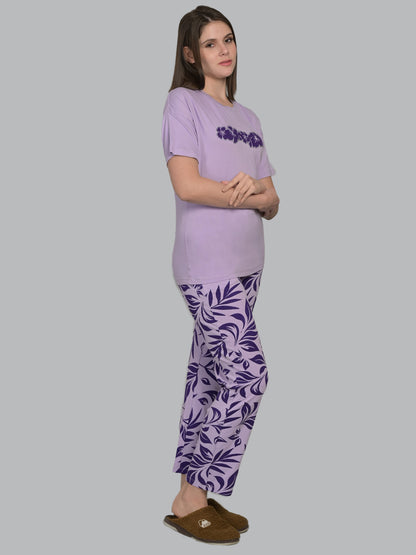 Round Neck Purple Half Sleeve Tshirt & Pyjama Set