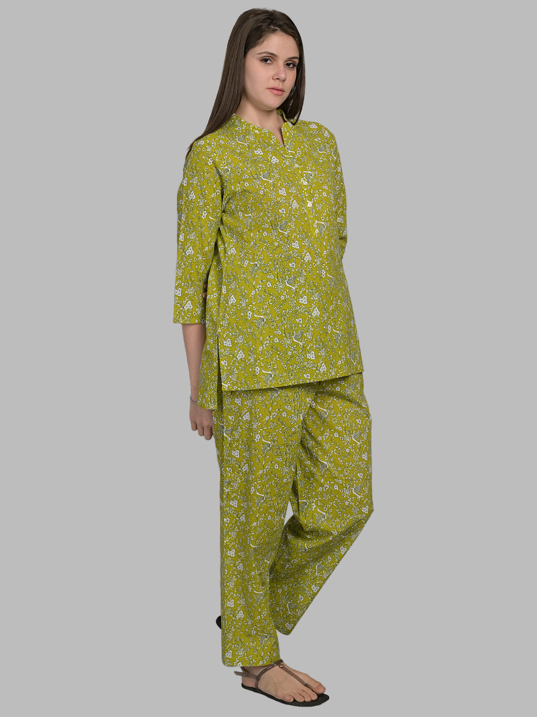 Round Neck Green 3/4Th Sleeve Printed Co-Ord Set