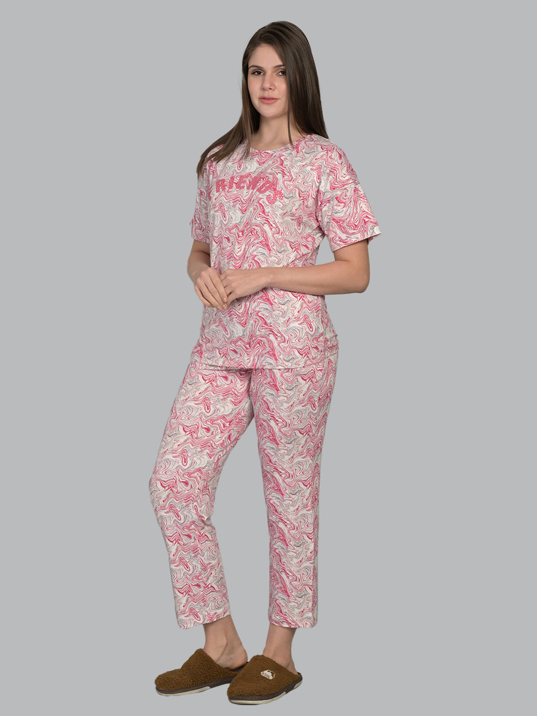 Round Neck Pink Half Sleeve Tshirt & Pyjama Set