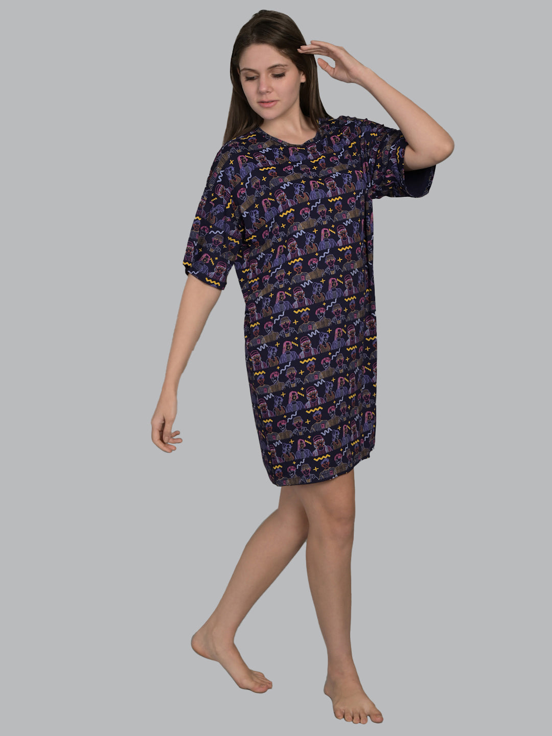 Round Neck Navy Blue Half Sleeve Short Night Dress