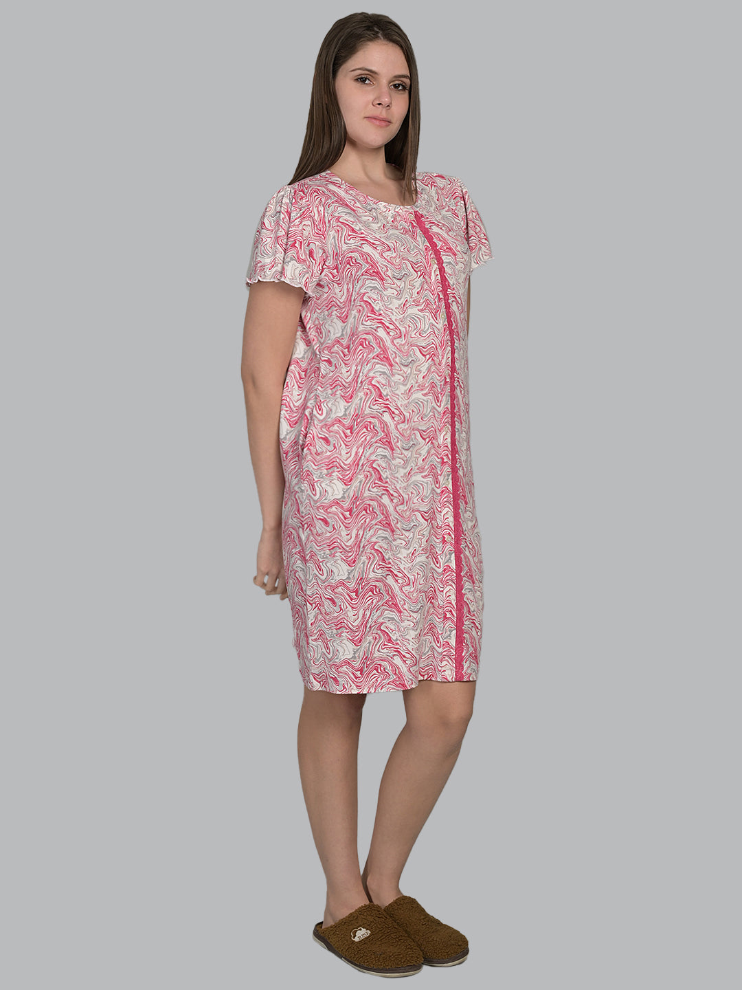 Round Neck Pink Half Sleeve Short Night Dress